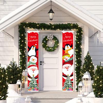 1 Pair Christmas Couplet Santa Snowman Penguin Print Reusable Rectangle Holiday Decoration Xmas Porch Sign Hanging Banner Backdrop Party Supplies