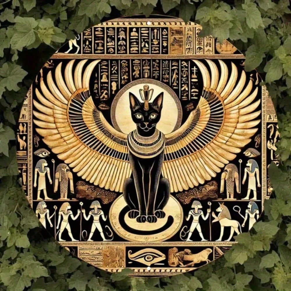 Poliertes Aluminium Bastet Katzen Göttin Wand Schild Metall Dekor für Gotische Bar Küche Vintage Halloween Rund Kunst