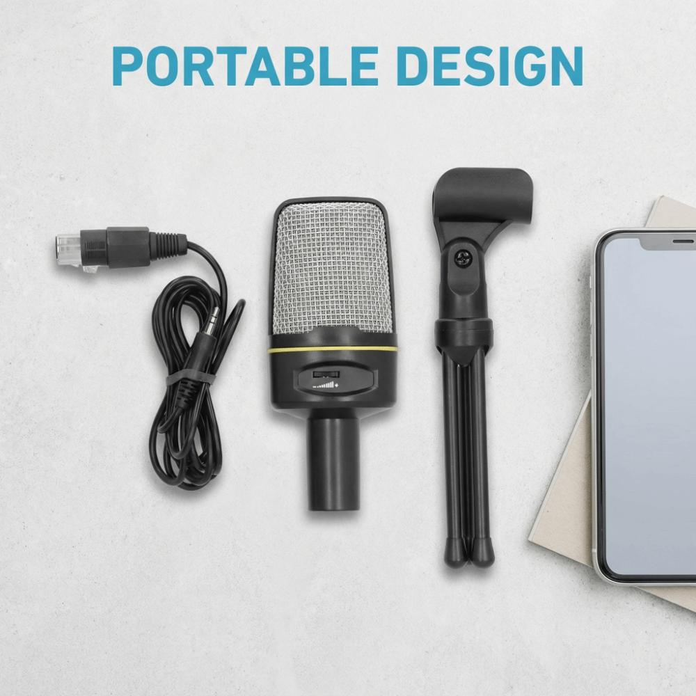 3.5mm Studio Recording Condenser Microphone with Volume Control Black Gaming Condenser Microphone with Desktop Tripod