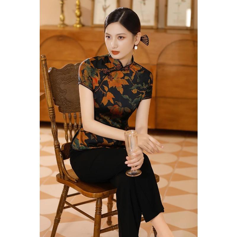 Blusa Elegante de Satén para Mujer Estampado de Flores Camisa Cheongsam Estilo Chino Tradicional Ropa Tang Disfraz de Verano Otoño