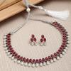 ZENEME Antique Oxidised Silver Plated Traditional Temple Coin Red American Diamond Studded Necklace