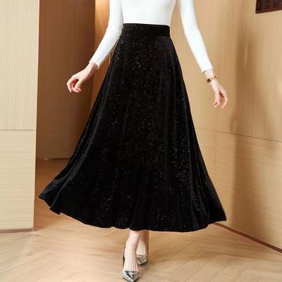 Women's Shiny Velvet Skirt Autumn Winter High-Waist Flared A-Line Skirt