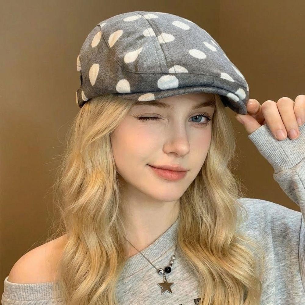 Casual Korean Style Forward Hat Big Head Wide Brim Short Brim Berets Polka Dot Printing Versatile Sun Hat Women's Spring Autumn