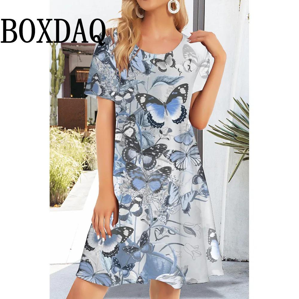 

2025 Модное платье с принтом в виде бабочки, круглым вырезом и короткими рукавами, 3D-принт S