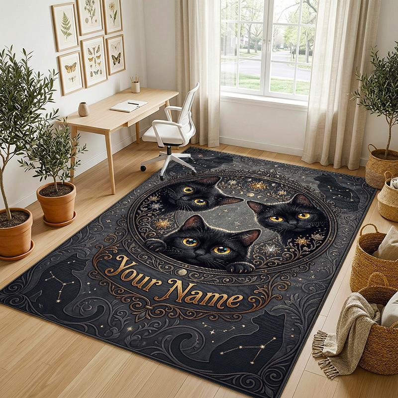 Starry Night Cat Theme Soft Crystal Velvet Rug Custom Name & Text Print Non Slip Floor Rug for Bedroom Living Room
