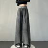 Retro Ice Silk Striped Wide-leg Pants for Women In Spring and Summer New High-waist Drawstring Loose Straight Pants Knitted Casual Pants