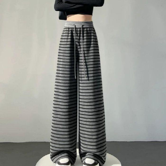 Retro Ice Silk Striped Wide-leg Pants for Women In Spring and Summer New High-waist Drawstring Loose Straight Pants Knitted Casual Pants