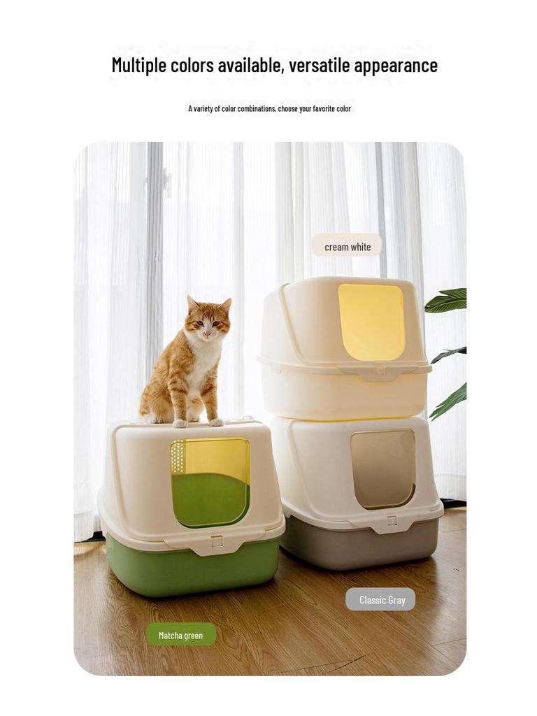 Uzavřená kočičí toaleta s odklápěcím víkem, deodorizační funkcí a lopatkou, odolná proti stříkající vodě a nadměrně velká pro snadné čištění
