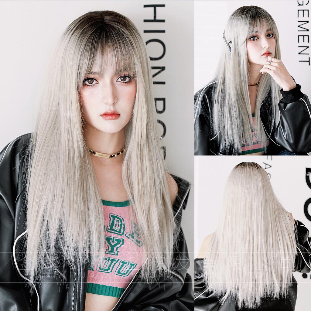 Multi Colored Optional Long Straight Hair With Bangs Wig Women's Full Head Set Natural Synthetic Matte High-temperature Silk