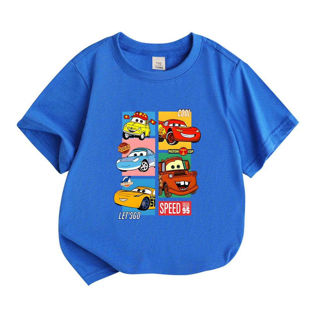 Kids Boys Girls 100% Cotton Crew Neck Short Sleeve T-shirt, Cute Cartoon Racing Car Print Casual Summer Tee Tops, Comfortable Lightweight Breathable D
