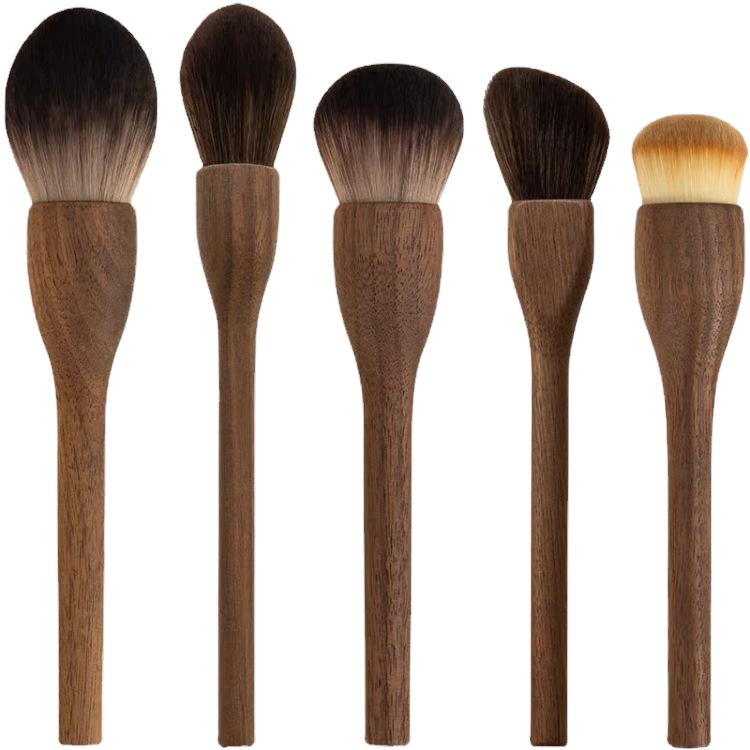Large Vintage Walnut Wood 6-Piece Face Makeup Powder Brush Set Nylon Vegan Wood Handle Customizable Travel-Friendly Makeup