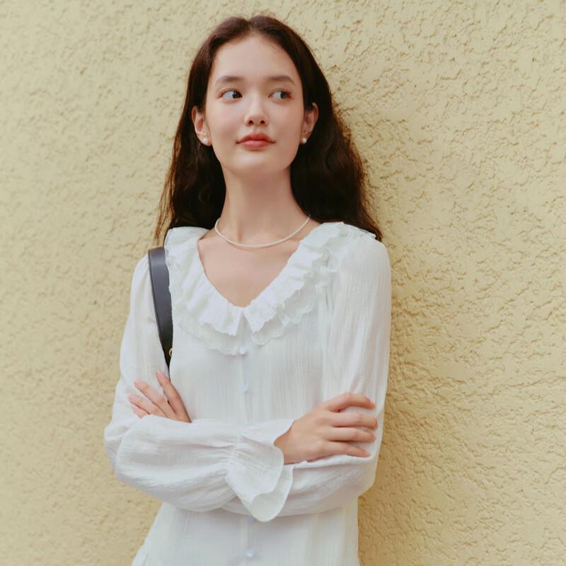 

LEDIN Ruffle V-Neck White Tiered A-Line Mini Dress L