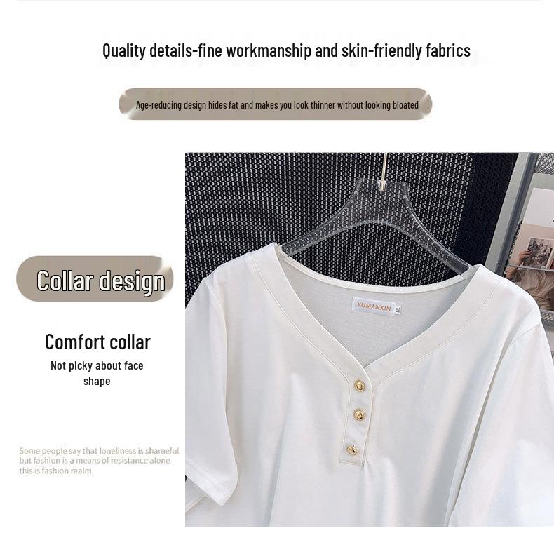 Plus Size V-Neck Mid-Length Short-Sleeve T-Shirt for Women