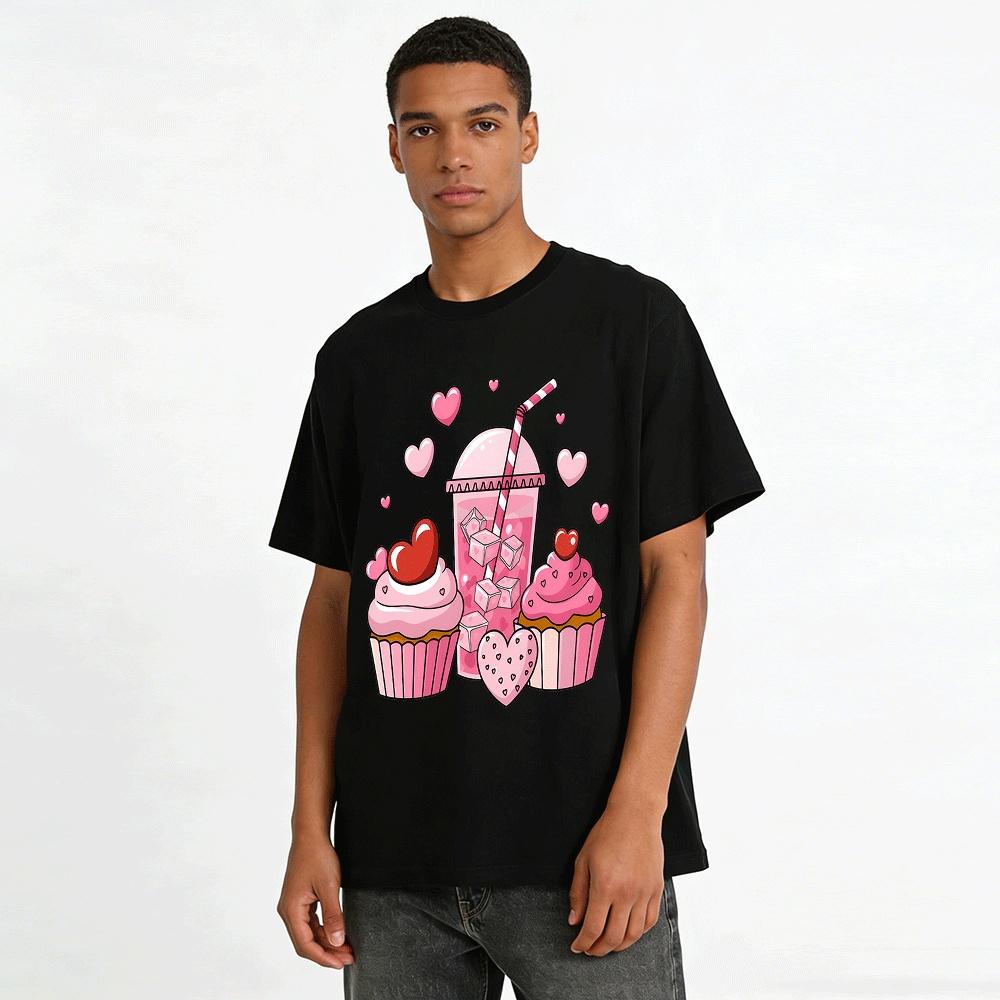 Valentine's Day Heart Dessert Print Casual Top Pure cotton T-shirt