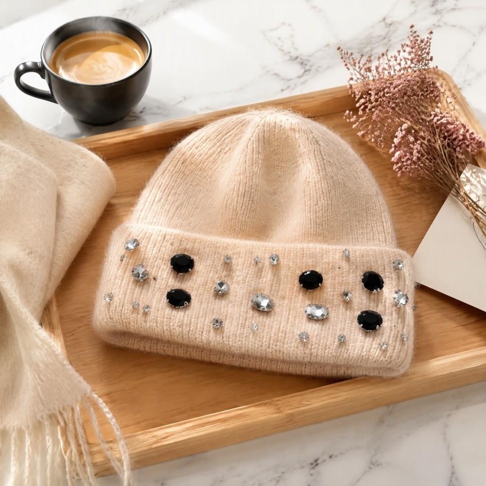 Versatile Rhinestone Knitted Hat Solid Color Windproof Cap Cute Warm Beanie  Autumn Winter
