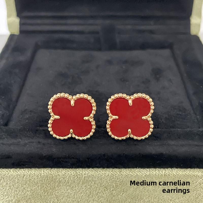 

Висока Версія Сережок-Конюшин з Чотирма Пелюстками з Рожевого Золота та Сердоліку для Жінок Сережки Вишуканий Сенс Елегантні Сережки з Білого Перламутру