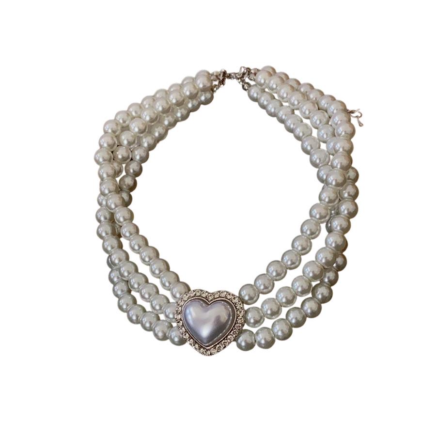 French Retro Rhinestone Pearl Heart Layered Necklace - High-End Clavicle Chain Court Style Jewelry for Women