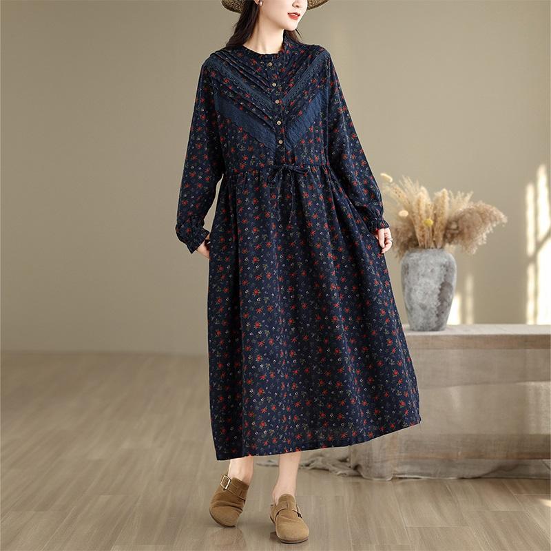 long sleeve Plus size Cotton linen vintage floral new in dresses for women casual loose long spring autumn dress