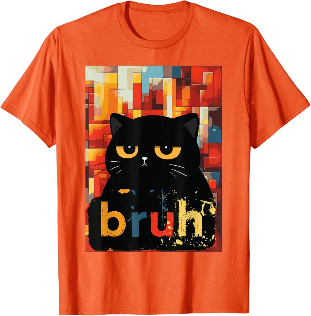 Bruh Black Cat Funny Meme Graphic TShirt Casual Short Sleeve Cotton Crew Neck Tee