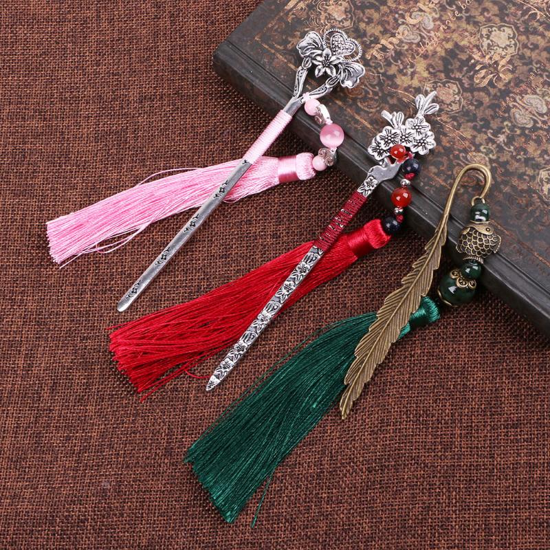 Chinese Style Vintage Classic Metal Bookmark Tassel Beads School Office Supplies