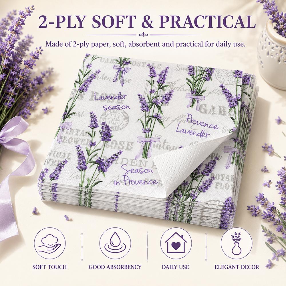 Lavender Floral Paper Napkins 40Pcs 2-Ply Table Napkins for Tea Party Wedding Birthday Decor