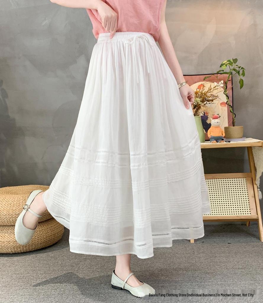 2026 Spring/Summer Women's Romantic Pleated Ramie Skirt with Elastic Waist - Artistic Retro Style