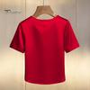 Tee Shirt Women T-shirt Round Neck Satin Fabric with Hand-Sewn Imitation Pearls Short Sleeve Loose Fit Casual Tops Hand-sewn Pearl Neckline