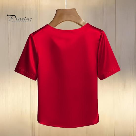 Tee Shirt Women T-shirt Round Neck Satin Fabric with Hand-Sewn Imitation Pearls Short Sleeve Loose Fit Casual Tops Hand-sewn Pearl Neckline