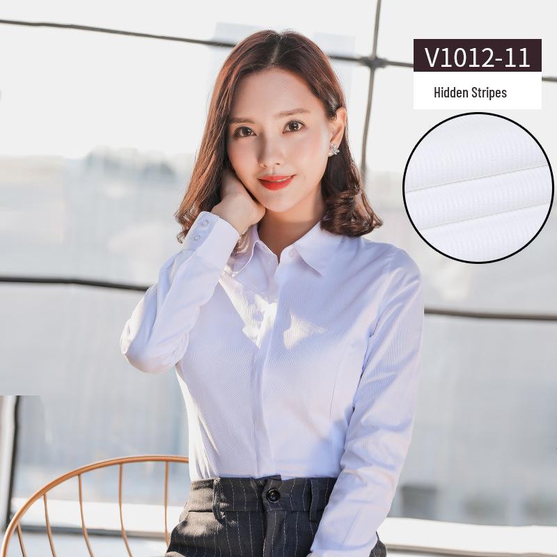 Women's 2025 Long-Sleeved White V-Neck Cotton Shirt - Slim Fit Professional Wear