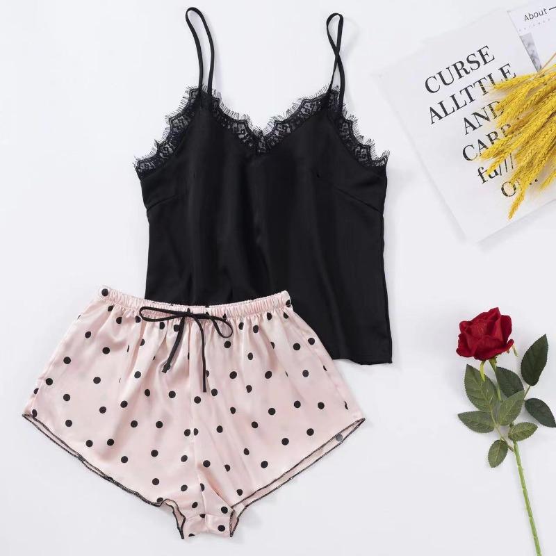 Neuer Sommer Damen Bedruckte Polka Dot Shorts und Spitzenverzierter V-Ausschnitt Trägertop Damen Sexy Pyjama Set