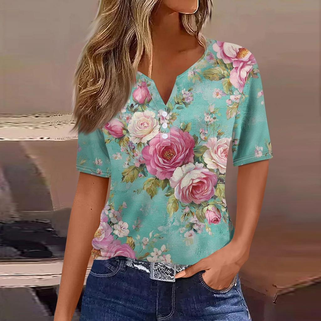 Women's T Shirt Tee Print Button Short Sleeve Daily Weekend Fashion Basic V- Neck Regular Top