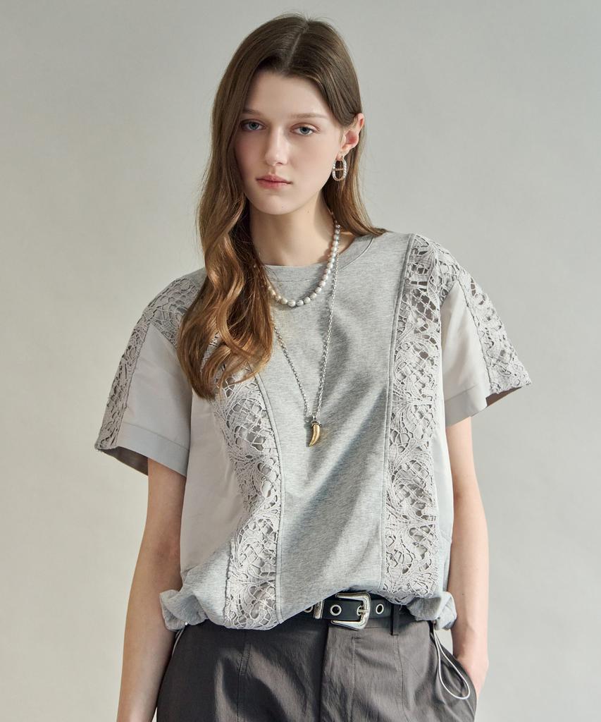 MAXZA Lace Contrast String Short Sleeve T-Shirt