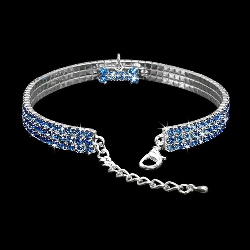 Chic Shiny Three Row Rhinestone Bone Pendant Puppy Dog Collar Pet Supply (Size:S,M,L)