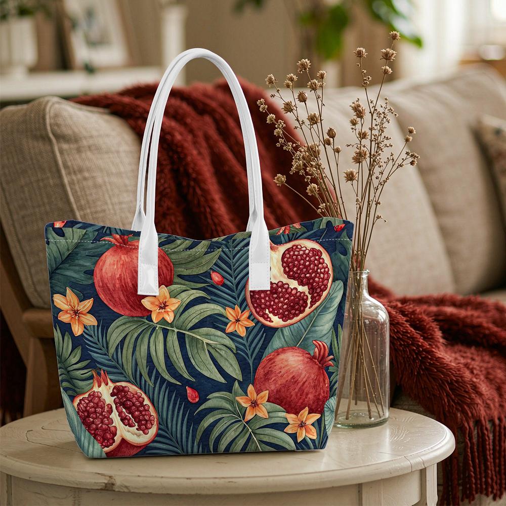 Vintage Pomegranate Print Casual Tote Bag Fashion Ladies Daily Large Capacity Shopping Shoulder Bag