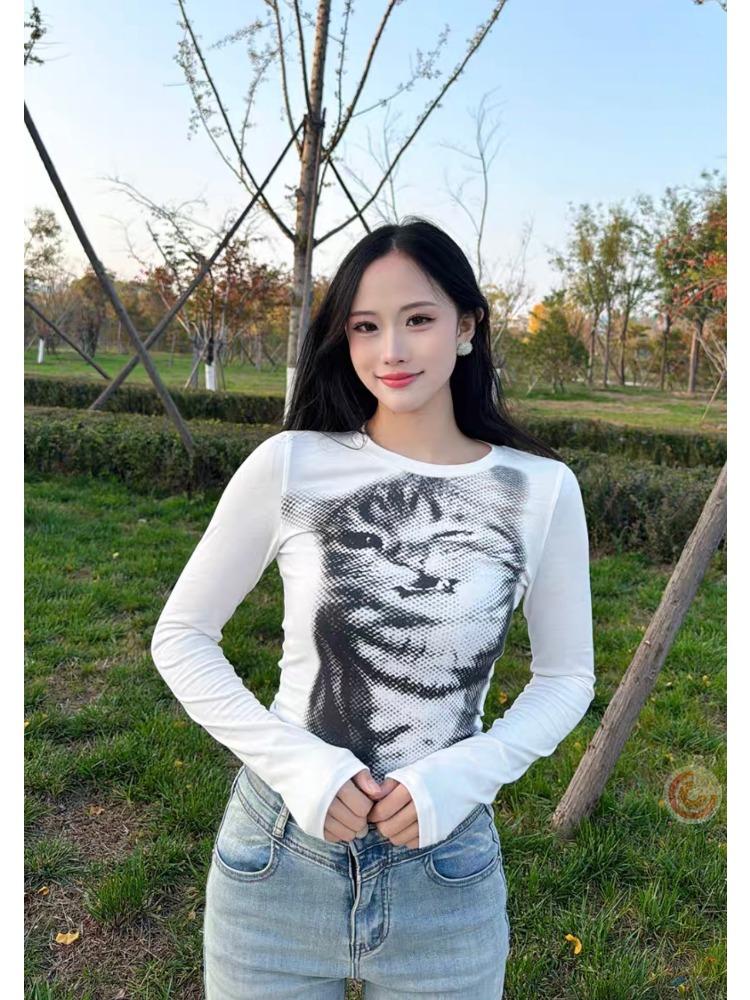 Harajuku Mosaic Cat Print Oříznutý Top Ležérní Základní Trička s dlouhým rukávem Crew Neck Přiléhavá trička Y2K