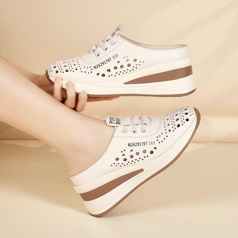 Ladies Clogs Platform Sandals Loafers Casual Hollow Leather Slippers Women Thick Sole Shake Shoe