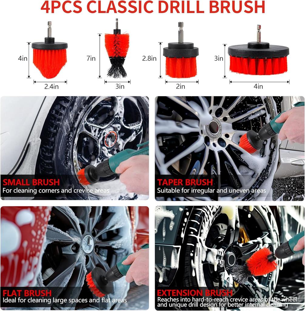 35Pcs Car Detailing Kit, Drill Brush Attachments with Detailing Brush Set and Tools Box, Red Auto Cleaning Kit Interior for Wheels Dashboard Windows