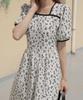 Ppaeppae Square Neck Floral Puff Sleeve Short Sleeve Long Dress