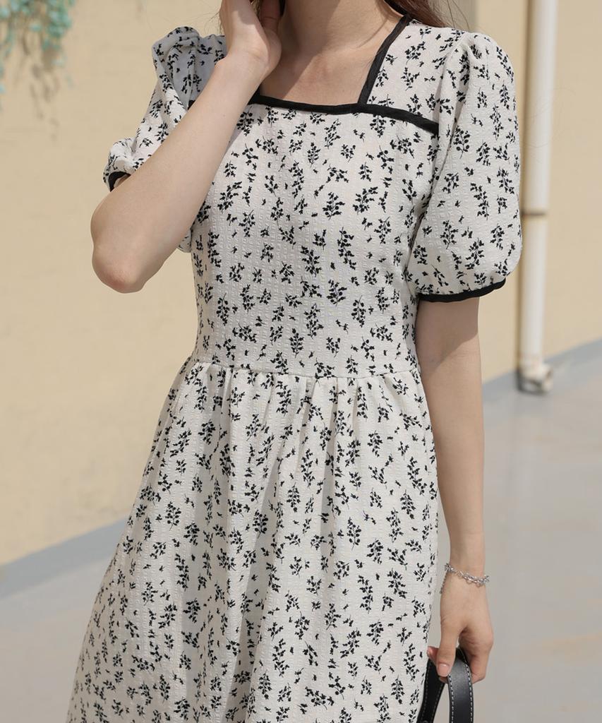 Ppaeppae Square Neck Floral Puff Sleeve Short Sleeve Long Dress