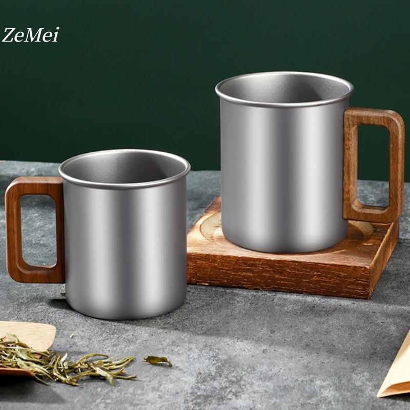 1Pcs Pure Titanium Double-Wall Coffee Mug,Wooden Handheld Water Cup Silver-Gray Drinking Office Tea Mug Exquisite Coffee Cup