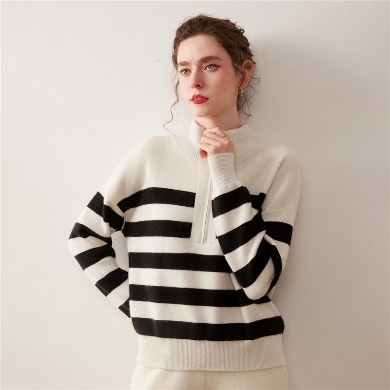 Women's Striped High-Neck Cashmere Half-Zip Sweater