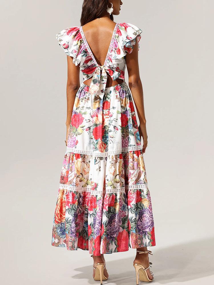 Women's Australian Beach Resort V-Neck Ruffle Sleeveless Printed Backless Dress - Spring 2026