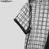 INCERUN Men Short Sleeve Plaid Mesh Sheer Stitching Tops T-shirts