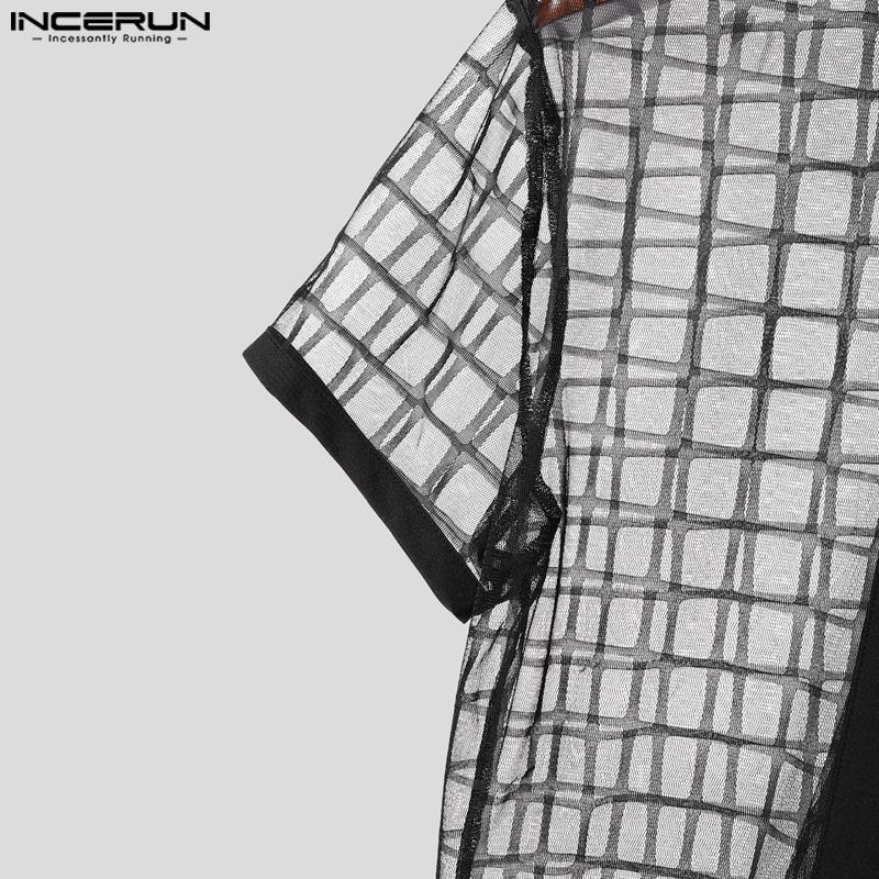 INCERUN Men Short Sleeve Plaid Mesh Sheer Stitching Tops T-shirts