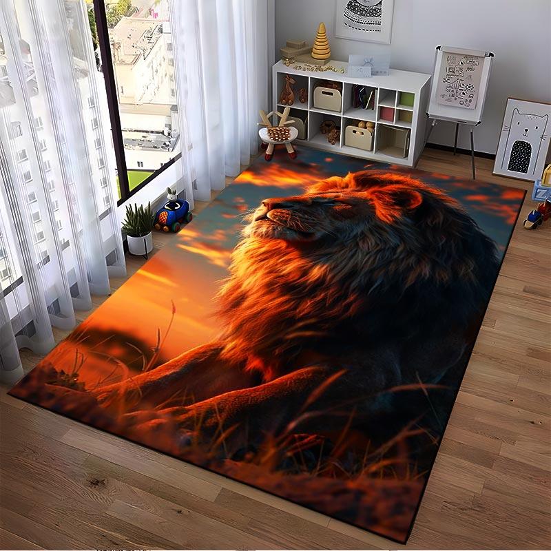Lion Print Carpet with Sunset Design, Bold Animal Rug for Home Decor Suitable for use as an anti-slip for living room bedroom sofas