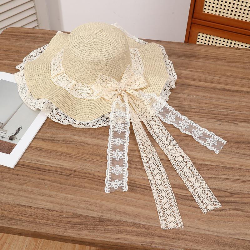 Summer Bow Sun Hat Female, Seaside Beach Vacation Sun Hat Outdoor Big Brim Sun Hat Sweet Straw Hat