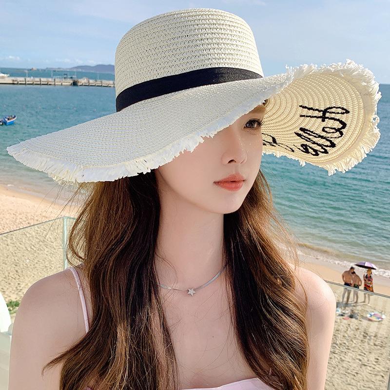 Pălărie de Paie cu Bor Lat, Decorativă cu Fundă, Margine Brută, Pălărie de Soare de Vară Pliabilă, Pălării de Protecție Solară Potrivite pentru Vacanțe Casual