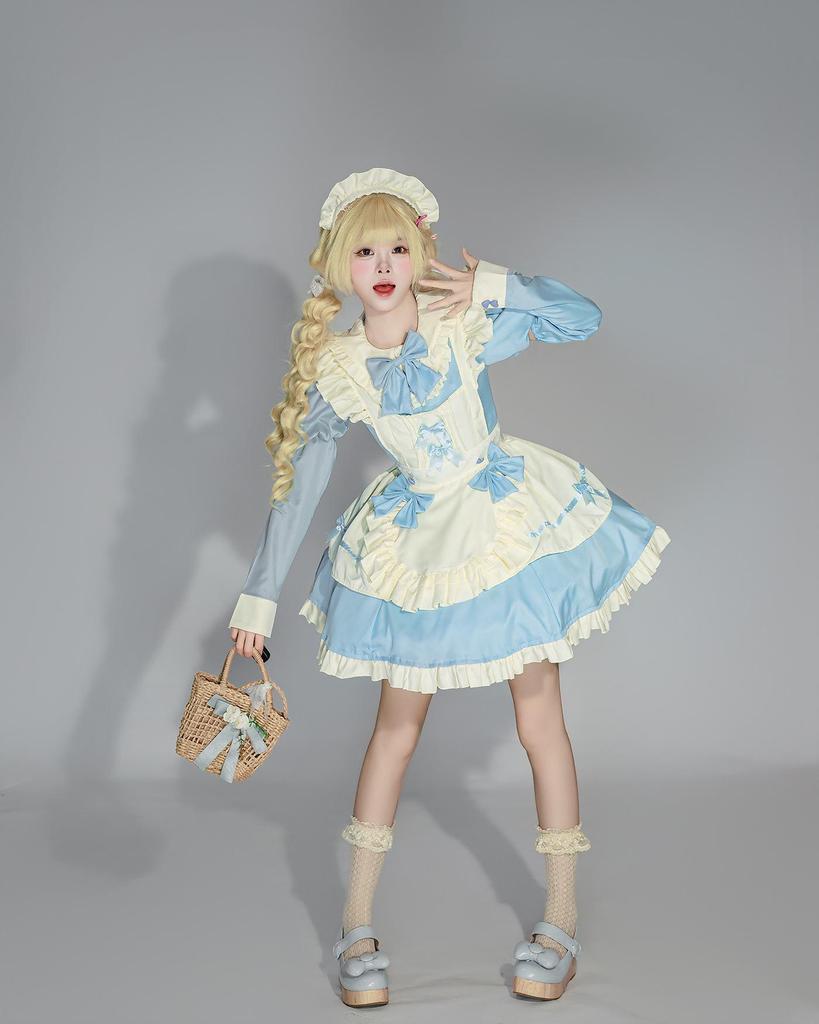 Elegant French Lolita Dress with Flutter Sleeves and Waist-Hugging Apron