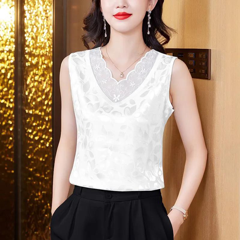 WTEMPO Large Size Satin Jacquard Camisole Vests for Women Spring Summer Solid Color Loose Lace Patchwork Sleeveless Tops