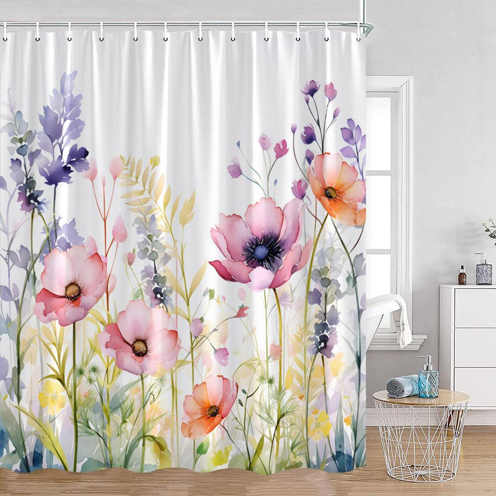 Watercolor Flowers Shower Curtains Colorful Flower Green Plants Botanical Bathroom Decorations Modern Aesthetic Bath Curtains